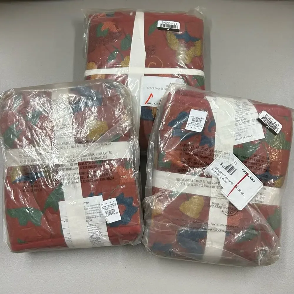 3 Pottery Barn Mazie Suzani Quilted EURO Pillow Sham Covers Embroidered Red NWT